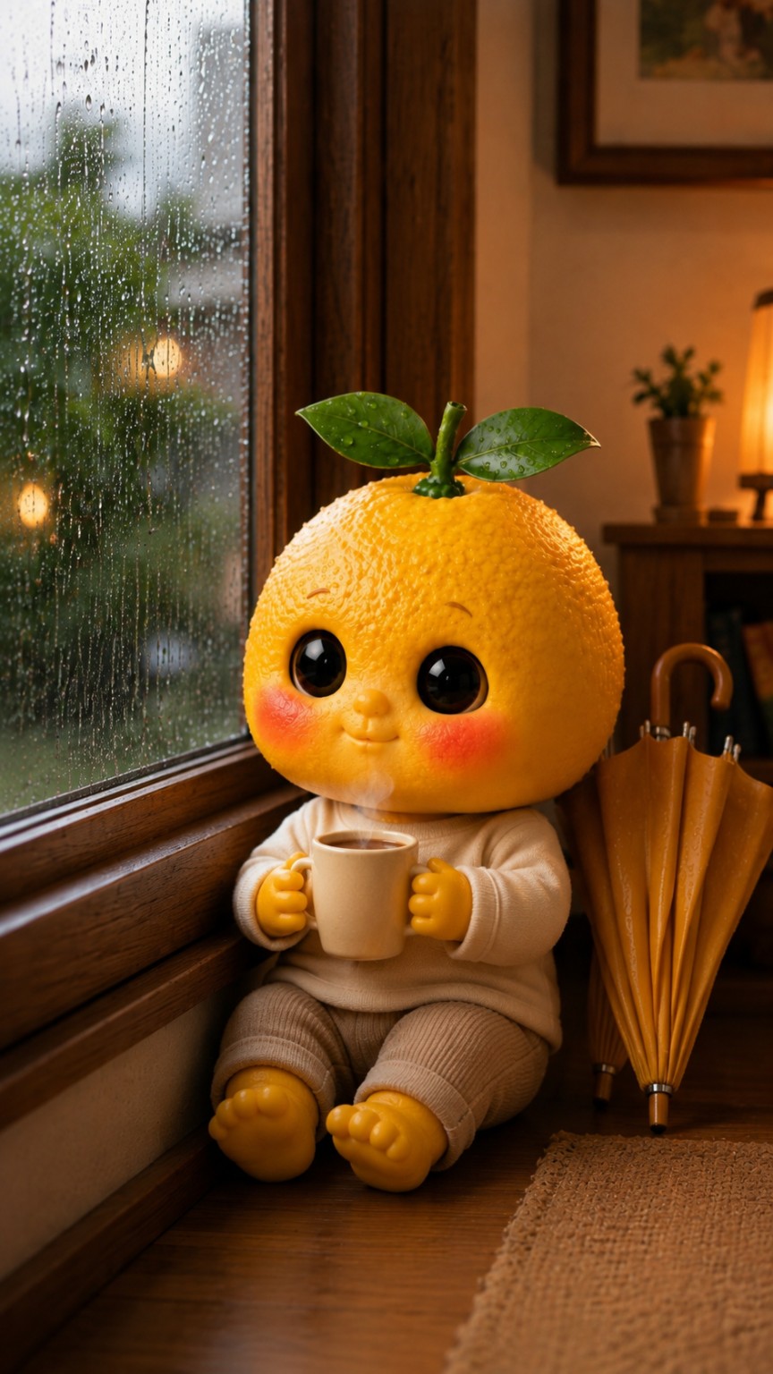 Lemonie holding a warm mug beside a rainy window
