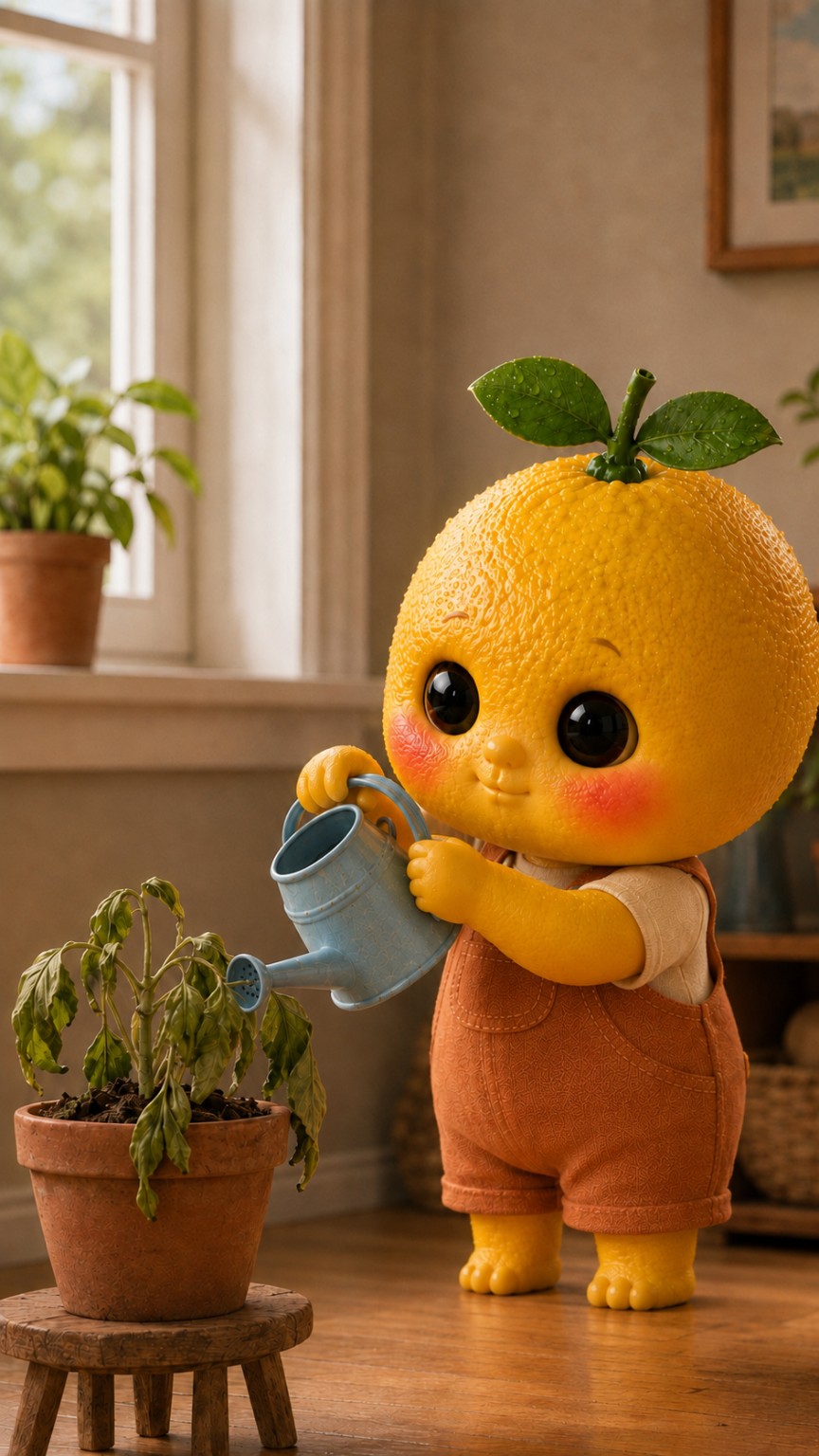 Lemonie carefully watering a wilted houseplant